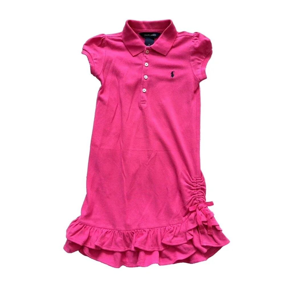 Ralph Lauren Girls Polo Dress Size 5 Pink Pony Short Sleeve Preppy Ruffle Cotton